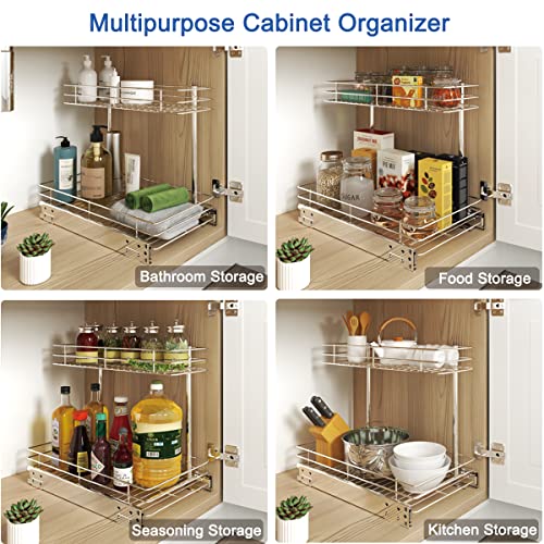 FANHAO Pull Out Cabinet Organizer, 2 Tier Wire Basket Under Sink Slide Out Storage Shelf with Sliding Drawer Storage - 10.43W x 17.32D x 14.56H, Request at Least 12 inch Cabinet Opening, Chrome