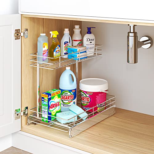 FANHAO Pull Out Cabinet Organizer, 2 Tier Wire Basket Under Sink Slide Out Storage Shelf with Sliding Drawer Storage - 10.43W x 17.32D x 14.56H, Request at Least 12 inch Cabinet Opening, Chrome