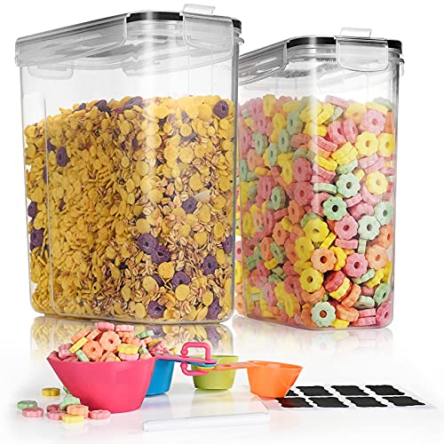 Tiawudi 2 Pk Airtight Cereal Containers Storage Set 135.2oz/4L Each,Food Storage Containers, Large Cereal Dispenser, Kitchen Pantry Organization Containers, with Labels and Measuring Spoons