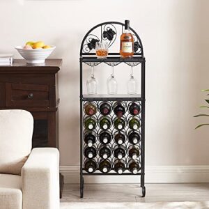 VECELO Metal Wine Rack Hold 20 Bottles with Glasses Holder, Freestanding Floor Bar Storage & Display Shelf for Kitchen Dining Living Room, Black Glass Top