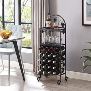 VECELO Metal Wine Rack Hold 20 Bottles with Glasses Holder, Freestanding Floor Bar Storage & Display Shelf for Kitchen Dining Living Room, Black Glass Top