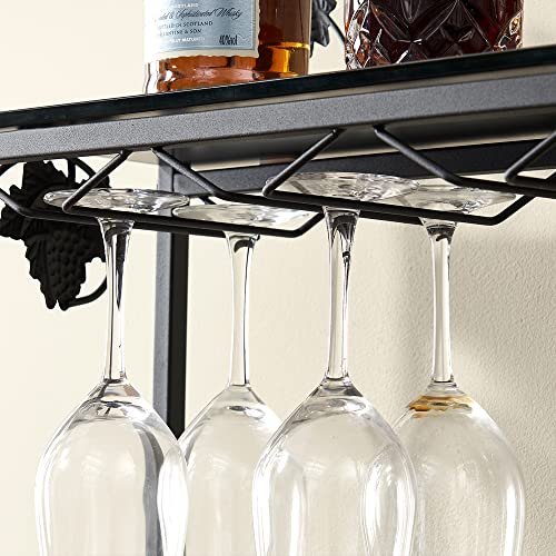 VECELO Metal Wine Rack Hold 20 Bottles with Glasses Holder, Freestanding Floor Bar Storage & Display Shelf for Kitchen Dining Living Room, Black Glass Top