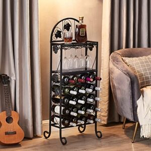 VECELO Metal Wine Rack Hold 20 Bottles with Glasses Holder, Freestanding Floor Bar Storage & Display Shelf for Kitchen Dining Living Room, Black Glass Top