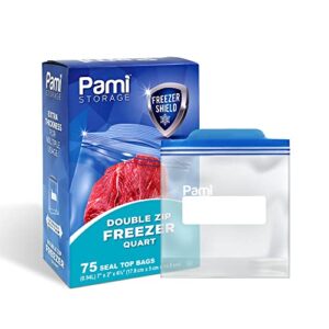 PAMI Double Zip Freezer Quart Bags [75 Pieces] - Leakproof Food Storage Ziplock Bags With Expandable Bottom- Food-Safe Zipper Bags With Freezer Shield Technology- Thick & Reusable Sandwich Bags