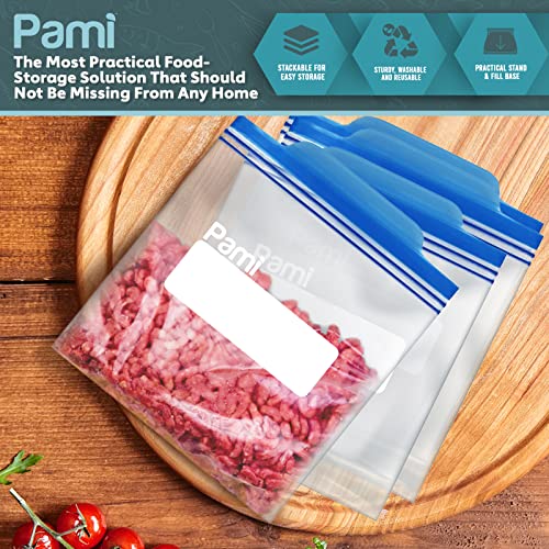 PAMI Double Zip Freezer Quart Bags [75 Pieces] - Leakproof Food Storage Ziplock Bags With Expandable Bottom- Food-Safe Zipper Bags With Freezer Shield Technology- Thick & Reusable Sandwich Bags