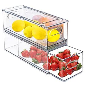 bealy 2 packs refrigerator organizer bins with pull-out drawer,stackable fridge organizers and storage clear with handle,kitchen storage containers sets for freezer, cabinet, pantry organization