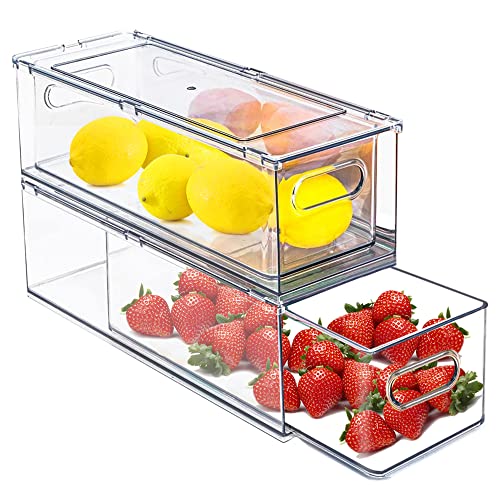 bealy 2 Packs Refrigerator Organizer Bins with Pull-out Drawer,Stackable Fridge Organizers and Storage Clear with Handle,Kitchen Storage Containers Sets for Freezer, Cabinet, Pantry Organization