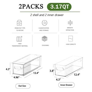 bealy 2 Packs Refrigerator Organizer Bins with Pull-out Drawer,Stackable Fridge Organizers and Storage Clear with Handle,Kitchen Storage Containers Sets for Freezer, Cabinet, Pantry Organization