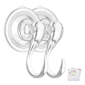VIS'V Suction Cup Hooks, Small Clear Heavy Duty Vacuum Suction Hooks with Wipes Removable Strong Window Glass Door Kitchen Bathroom Shower Wall Suction Hanger for Towel Loofah Utensils Wreath - 2 Pcs