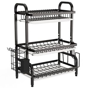 1easylife dish drying rack, 3 tier dish rack with tray utensil holder, large capacity dish drainer with cutting board holder drain board tray for kitchen counter organizer storage (black)