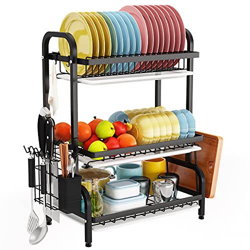 1Easylife Dish Drying Rack, 3 Tier Dish Rack with Tray Utensil Holder, Large Capacity Dish Drainer with Cutting Board Holder Drain Board Tray for Kitchen Counter Organizer Storage (Black)