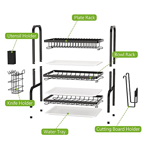 1Easylife Dish Drying Rack, 3 Tier Dish Rack with Tray Utensil Holder, Large Capacity Dish Drainer with Cutting Board Holder Drain Board Tray for Kitchen Counter Organizer Storage (Black)