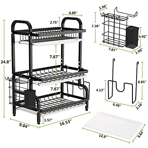 1Easylife Dish Drying Rack, 3 Tier Dish Rack with Tray Utensil Holder, Large Capacity Dish Drainer with Cutting Board Holder Drain Board Tray for Kitchen Counter Organizer Storage (Black)