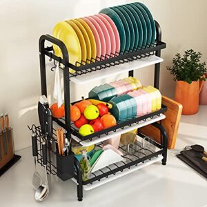 1Easylife Dish Drying Rack, 3 Tier Dish Rack with Tray Utensil Holder, Large Capacity Dish Drainer with Cutting Board Holder Drain Board Tray for Kitchen Counter Organizer Storage (Black)