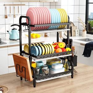 1Easylife Dish Drying Rack, 3 Tier Dish Rack with Tray Utensil Holder, Large Capacity Dish Drainer with Cutting Board Holder Drain Board Tray for Kitchen Counter Organizer Storage (Black)