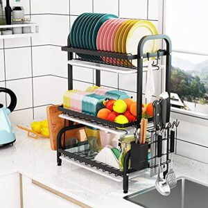 1Easylife Dish Drying Rack, 3 Tier Dish Rack with Tray Utensil Holder, Large Capacity Dish Drainer with Cutting Board Holder Drain Board Tray for Kitchen Counter Organizer Storage (Black)