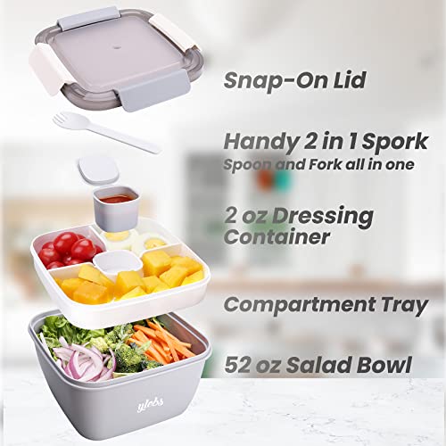 Ylebs 2 Pack Bento Box Adult Lunch Box,52-oz Salad Bowls,3 Compartment Tray with Salad Dressings Container,Used to Meal pre-prepare Food Fruit Snack,Leak Proof (Grey)