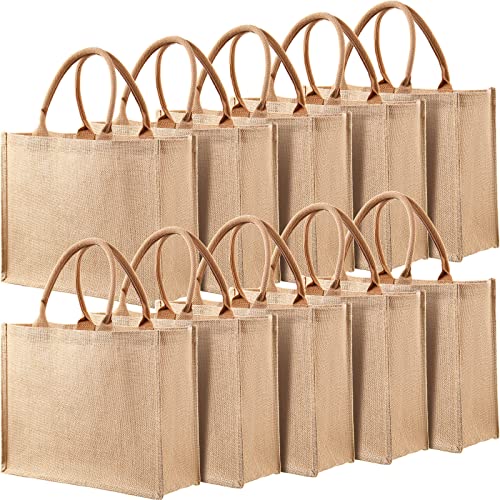 10 Pack Burlap Tote Bag Set Jute Tote Bags with Handles Blank Large Burlap Reusable Grocery Bags Water Resistant for Bridesmaid Gift Travel Shopping DIY Crafts Bags, 15.3 x 12.2 x 5.9 Inches