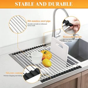G-TING Dish Drying Rack 17.5" x 15", Over Sink Roll Up Large Dish Drainers Rack, Multipurpose Foldable Kitchen Sink Rack Mat Stainless Steel with Silicone Rims for Dishes, Cups, Fruits Vegetables
