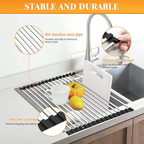 G-TING Dish Drying Rack 17.5" x 15", Over Sink Roll Up Large Dish Drainers Rack, Multipurpose Foldable Kitchen Sink Rack Mat Stainless Steel with Silicone Rims for Dishes, Cups, Fruits Vegetables