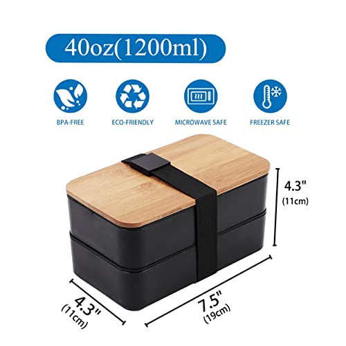 Collect Beauty Stackable Lunch Container with Bamboo Lid Bento Box for Adult with Lunch Bag and Flatware Set Black