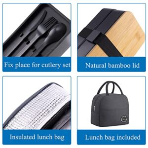 Collect Beauty Stackable Lunch Container with Bamboo Lid Bento Box for Adult with Lunch Bag and Flatware Set Black