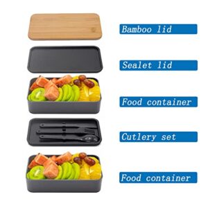 Collect Beauty Stackable Lunch Container with Bamboo Lid Bento Box for Adult with Lunch Bag and Flatware Set Black