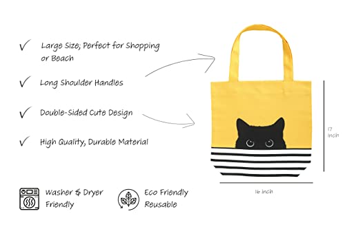 Cute Canvas Tote Bag for Women with Cat Design - Birthday Valentines Day Gift - Aesthetic Book Tote for Teacher School Kids - Hello Kitty Tote Bag - Large Reusable for Shopping Grocery (Yellow Cat)