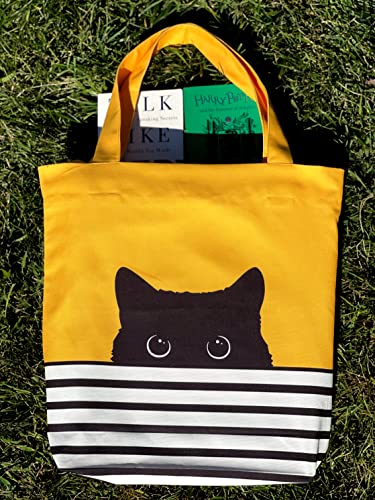 Cute Canvas Tote Bag for Women with Cat Design - Birthday Valentines Day Gift - Aesthetic Book Tote for Teacher School Kids - Hello Kitty Tote Bag - Large Reusable for Shopping Grocery (Yellow Cat)