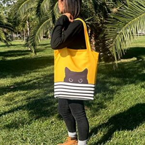 Cute Canvas Tote Bag for Women with Cat Design - Birthday Valentines Day Gift - Aesthetic Book Tote for Teacher School Kids - Hello Kitty Tote Bag - Large Reusable for Shopping Grocery (Yellow Cat)