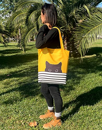 Cute Canvas Tote Bag for Women with Cat Design - Birthday Valentines Day Gift - Aesthetic Book Tote for Teacher School Kids - Hello Kitty Tote Bag - Large Reusable for Shopping Grocery (Yellow Cat)