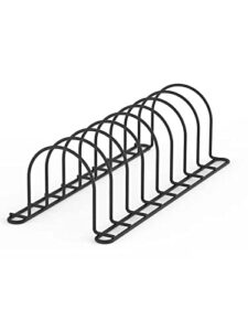 jaq pot lid rack organizer, 13.5” kitchenware dividers holder for plates, pans, cutting boards, muffin tins, baking sheets in cabinets shelf countertop pantry ( black, 8-slot)