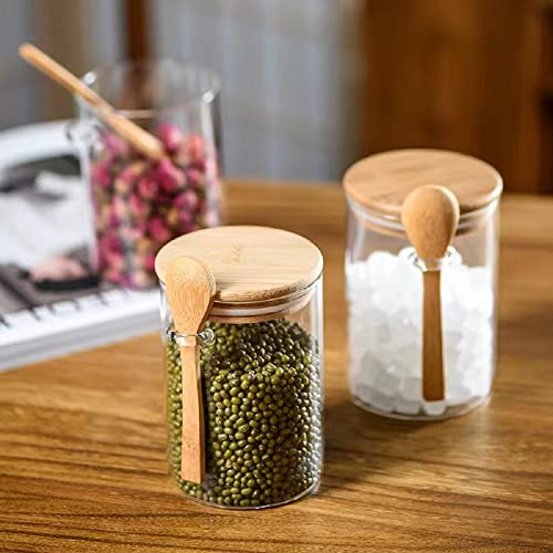 Airtight Food Storage Containers, Glass Storage Canister with Wooden Spoon and Lids ,15OZ Glass Jars with Lids,Glass Jar for Serving Bath Salt Sugar Spice Coffee Tea Cereals Condiment Food (1 set)