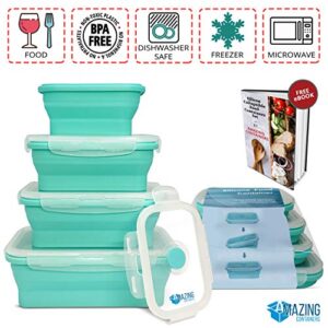 Collapsible Silicone Food Storage Container Set of 4 with Lids | Stackable - Space Saving | Microwaveable | Freezer, Dishwasher Safe| BPA Free|Collapsible Leftover or Meal Prep Lunch Box Containers