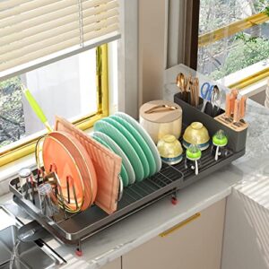 Dish Drying Rack, Expandable(19.3"-26") Dish Rack with Drainboard Set, Extra Large Rustproof Drying Rack for Kitchen Counter, Big Dish Drainers Dryer Racks for Dishes Drain with Utensil & Knife Holder