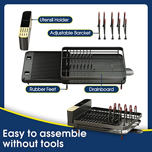 Dish Drying Rack, Expandable(19.3"-26") Dish Rack with Drainboard Set, Extra Large Rustproof Drying Rack for Kitchen Counter, Big Dish Drainers Dryer Racks for Dishes Drain with Utensil & Knife Holder