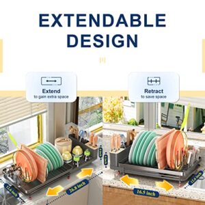 Dish Drying Rack, Expandable(19.3"-26") Dish Rack with Drainboard Set, Extra Large Rustproof Drying Rack for Kitchen Counter, Big Dish Drainers Dryer Racks for Dishes Drain with Utensil & Knife Holder
