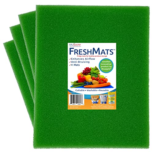 Bluapple FreshMats 4-Pack, 12" x 15" Cuttable, Washable, & Reusable Sponge Refrigerator Fruit & Vegetable Shelf Liner to Keep Produce Fresh Longer, Anti-Bruising, Promotes Air Circulation