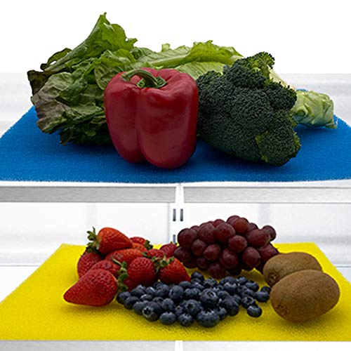 Bluapple FreshMats 4-Pack, 12" x 15" Cuttable, Washable, & Reusable Sponge Refrigerator Fruit & Vegetable Shelf Liner to Keep Produce Fresh Longer, Anti-Bruising, Promotes Air Circulation