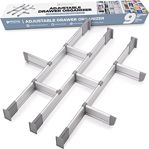 Practical Comfort Drawer Dividers, 9 pcs adjustable drawer dividers set, Made from high strength aluminum, 3 Main expandable drawer divider expand From 17.5" to 19.7" + 6 Sliding Separators 3.8"