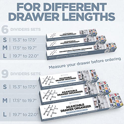 Practical Comfort Drawer Dividers, 9 pcs adjustable drawer dividers set, Made from high strength aluminum, 3 Main expandable drawer divider expand From 17.5" to 19.7" + 6 Sliding Separators 3.8"