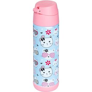 Snug Kids Water Bottle - insulated stainless steel thermos with straw (Girls/Boys) - Kitty, 17oz