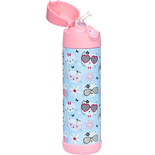 Snug Kids Water Bottle - insulated stainless steel thermos with straw (Girls/Boys) - Kitty, 17oz