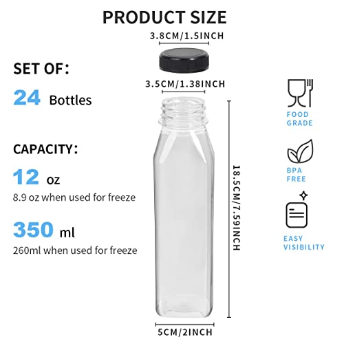 24 Pack 12OZ Plastic Juice Bottles with Caps, OAMCEG Juice Containers with Lids for Fridge, Reusable Smoothie Bottles, Empty Clear Bulk Beverage Container with Black Tamper Evident Lids (Square, 12oz)