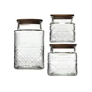 glass storage jars vintage embossed glass canisters , livejun food cereal storage containers with bamboo lid , decorative jars for kitchen counter,pantry ,set 3-piece glass jars in 60 oz/40 oz/20 oz (square)