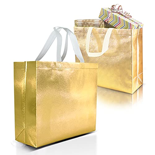 Nush Nush Gold Gift Bags Large Size – Set of 15 Reusable Gold Gift Bags With White Handles - Perfect As Christmas Gift Bags, Goodie Bags, Birthday Gift Bags, Party Favor Bags –13Wx5Dx11H