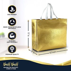 Nush Nush Gold Gift Bags Large Size – Set of 15 Reusable Gold Gift Bags With White Handles - Perfect As Christmas Gift Bags, Goodie Bags, Birthday Gift Bags, Party Favor Bags –13Wx5Dx11H