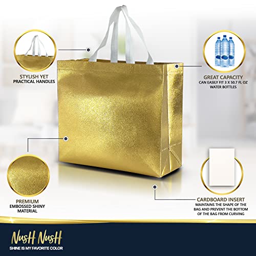 Nush Nush Gold Gift Bags Large Size – Set of 15 Reusable Gold Gift Bags With White Handles - Perfect As Christmas Gift Bags, Goodie Bags, Birthday Gift Bags, Party Favor Bags –13Wx5Dx11H