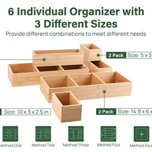 Kootek 6 Pcs Bamboo Drawer Organizer Utensil Tray Kitchen Storage Box 3-Size Versatile Dividers Cutlery Holders Bins Containers for Flatware Kitchen Utensils