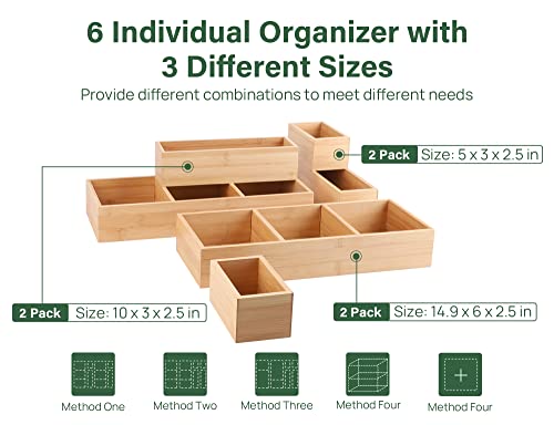 Kootek 6 Pcs Bamboo Drawer Organizer Utensil Tray Kitchen Storage Box 3-Size Versatile Dividers Cutlery Holders Bins Containers for Flatware Kitchen Utensils